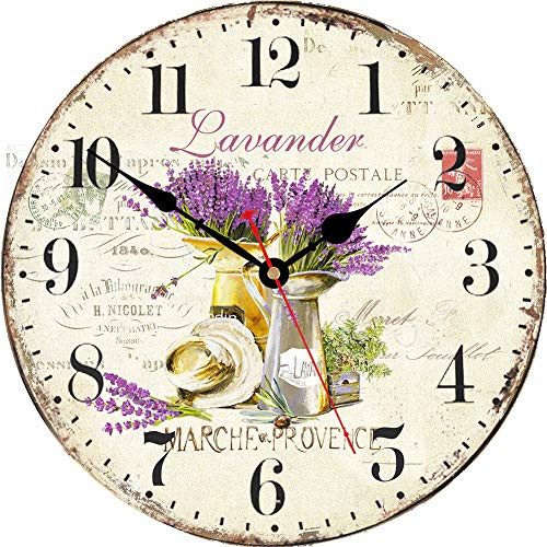 VIKMARI 14 Inch Silent Non-Ticking Purple Lavender Design Wall Clock Arabic Numerals Wooden Decorative Round Wall Clocks Battery Operated Indoor Clocks for Kitchen and Bedroom