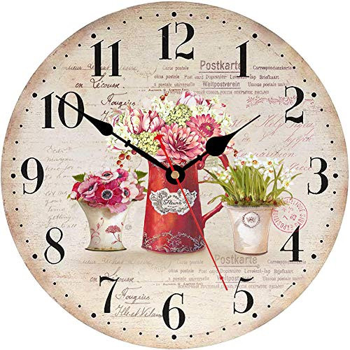 VIKMARI 14 Inch Vintage Flowers Style Decorative Wall Clocks Wooden Round Floral Wall Clock Non -Ticking Silent Arabic Numerals Battery Operated Indoor Clocks