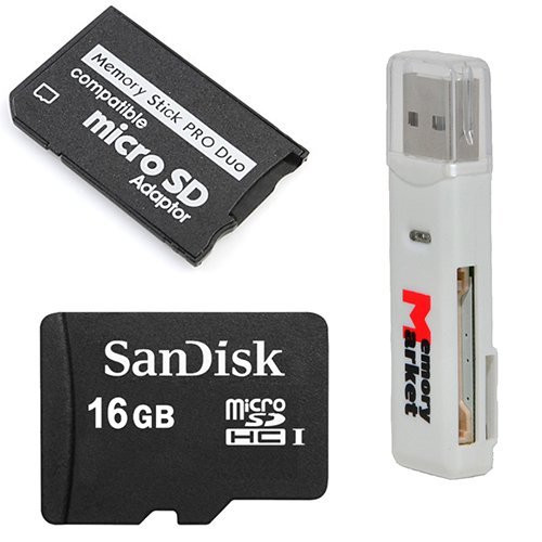 Sandisk 16GB UHS-1 MicroSD MicroSDHC Card with MicroSDHC to Memory Stick MS Pro Duo Adapter for Sony PSP and Cybershot Cameras with MemoryMarket Micro SDHC and SD USB Dual Slot Memory Card Reader Sandisk 16GB UHS-1 MicroSD MicroSDHC Card with MicroSDHC to Memory Stick MS Pro Duo Adapter for Sony PSP and Cybershot Cameras with MemoryMarket Micro SDHC and SD USB Dual Slot Memory Card Reader
