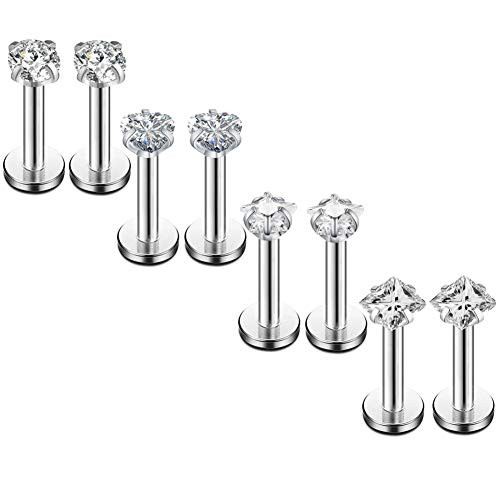 16Gauge CZ Labret Cartilage Tragus Monroe Lip Nose Helix Studs Earrings for Women Mens Stainless Steel Daith Piercings Jewelry 4Pairs Set