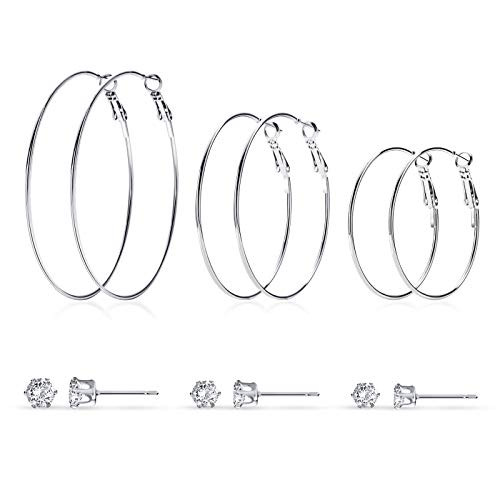 Hoop Stud Earrings Set for Women  6 Pairs 14K White Gold Silver Big Hoops and Cubic Zirconia Stud Earrings Girls Jewelry