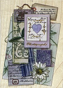 Heart and Daisy Collage Wood Mounted Rubber Stamp