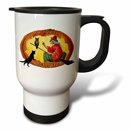 3dRose Vintage Halloween Black Cat Broom and Witch's Hat Travel Mug, 14-Ounce