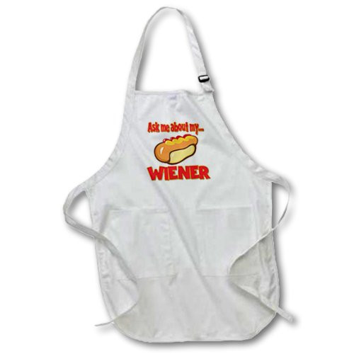 3dRose apr_160890_1 Ask Me About My Wiener Funny Innuendo Hot Dog Design-Full Length White Apron with Pockets, 22 by 30-Inch
