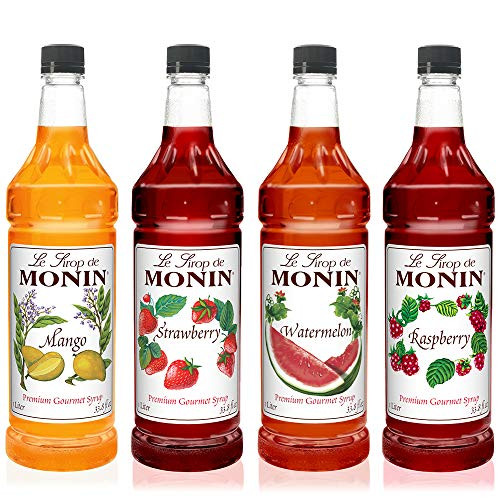 Monin - Summer Variety Pack  Mango  Strawberry  Raspberry   and  Watermelon Syrup  Great for Cocktails  Mocktails  Teas   and  Lemonades  Gluten-Free  Vegan  Non-GMO -1 Liter Per Bottle  4-Pack-