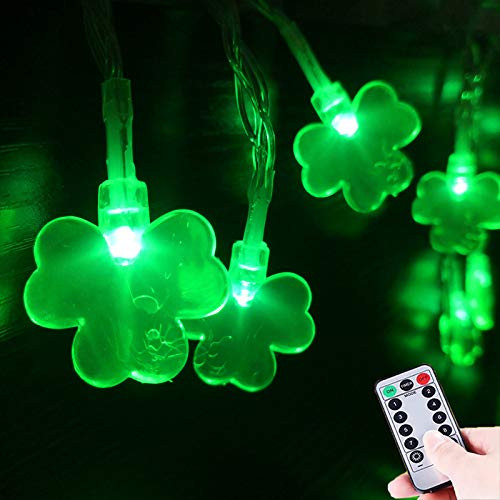 HUGSVIK 50 LED St Patrick s Day Shamrock String Lights  8 Mode Battery Operated St Patricks Green Lights Timer  St Patricks Day Decorations Lights for Window  Tree  Room  Fireplace  Balcony  Patio