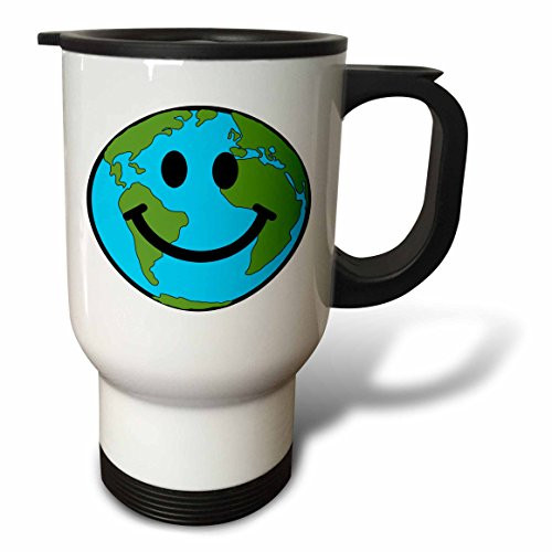 3dRose tm_113088_1 Happy Earth Smiley Face Smiling Planet Globe Eco Green Smile Peaceful World Peace Cute Smilie Travel Mug, 14-Ounce, Stainless Steel