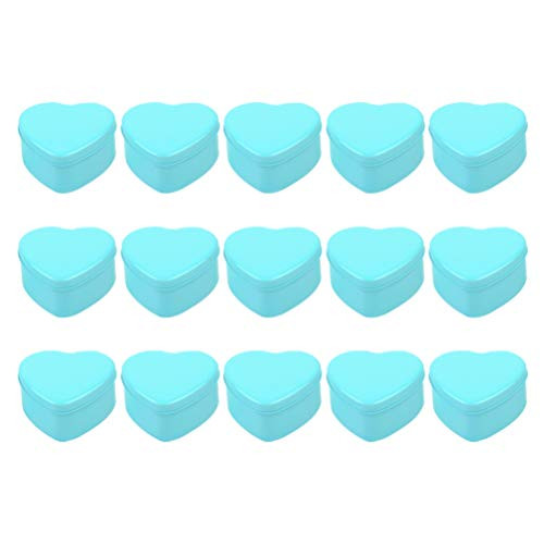 NUOBESTY 15pcs Heart Shaped Metal Tins Box with lids Biscuits Jar Candle Tins Empty Tin Box Wedding Valentines Day Gift Candy Boxes Light Blue