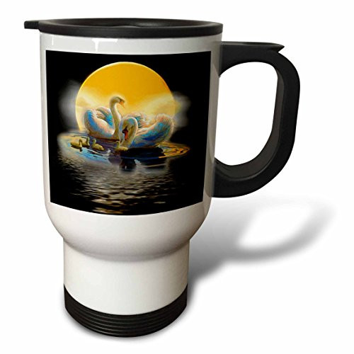 3dRose tm_167138_1 White Swans in Beautiful Lake with Bright Moon Stunning Colors Travel Mug, 14-Ounce, Stainless Steel