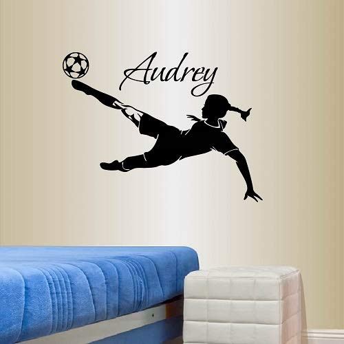 Wall Vinyl Decal Home Decor Art Sticker Custom Personalized Name Girl Woman Player Football Soccer Kicking Ball Sports Kids Bedroom Room Removable Stylish Mural Unique Design 821