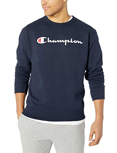 Champion Men s Graphic Powerblend Fleece Crew  Navy Script  Small