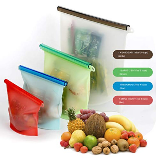 CMP Reusable Silicone Food Storage Bags Airtight Seal Food Preservation Container Sets for Chicken Meat Fruits Vegetables Snack Lunch Liquid Sous Vide Sandwich Freezer Microwave 4 Pack XL-L-M-S
