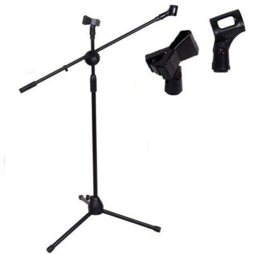 iDealLife Microphone Stand Dual Mic Clip Holders Heavy Metal Base Adjustable Collapsible Tripod Boom Stands