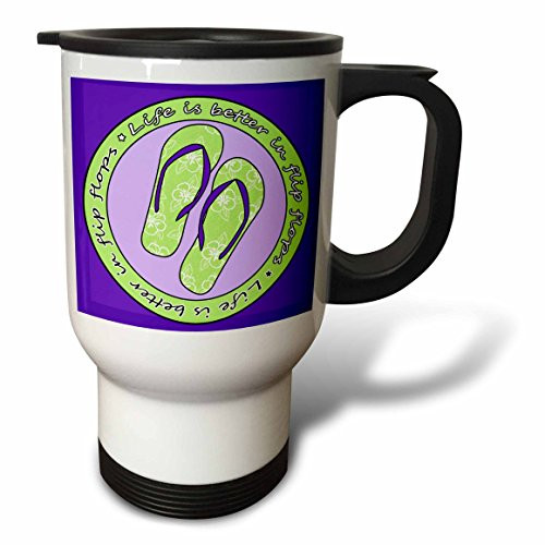 3dRose Life is Better in Flip Flops Stainless Steel Travel Mug, 14-Ounce, Purple and Pink