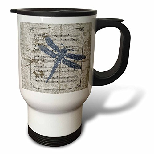 3dRose tm_108737_1"vintage Dragonflies on Sheet of Music Stainless Steel" Travel Mug, 14 oz, Multicolor
