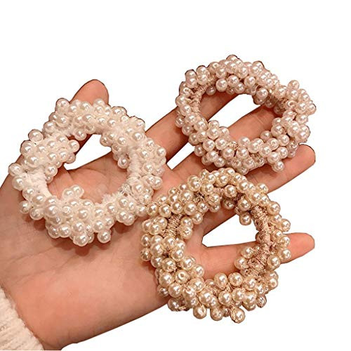 QUHGOPI 3 Pcs Women Fashion Pearl Elastic Hair Band Rope Hair Circle Ponytail Holder - hair ties for women beaded Hair Ring Scrunchie Ties Accessories