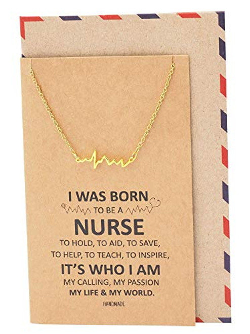 Quan Jewelry EKG Heartbeat Necklace  Lifeline Pulse Pendant  Female Nurse RN Graduation Gifts with Greeting Card  16-in to 18-in -Gold Tone-