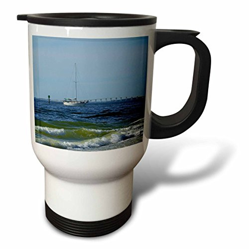 3dRose tm_39075_1 Sailboat Waves and Sanibel Florida Bridge Travel Mug, 14-Ounce, Stainless Steel
