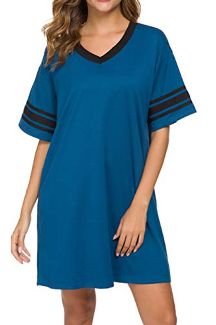 Vslarh Women s Nightgown  Cotton Sleep Shirt V Neck Nightshirts Short Sleeve Loose Comfy Pajamas Dress Casual Sleepwear -Blue  Large- Vslarh Women s Nightgown  Cotton Sleep Shirt V Neck Nightshirts Short Sleeve Loose Comfy Pajamas Dress Casual Sleepwear -Blue  Large-