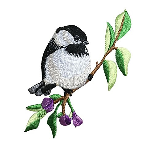 Chickadee on Branch - Facing Right - Purple Flowers Natural Bird - Iron on Applique Embroidered Patch