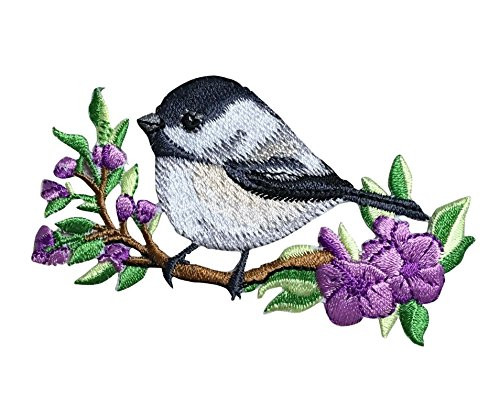 Chickadee on Branch - Facing Left - Purple Flowers Natural Bird - Iron on Applique Embroidered Patch