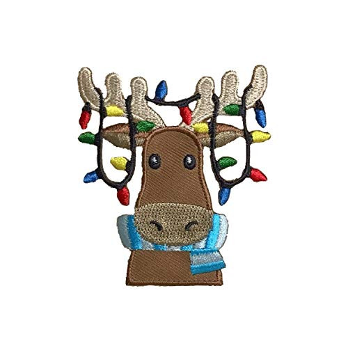 Christmas Moose - Lights in Antlers - Face Head - Iron on Applique Embroidered Patch