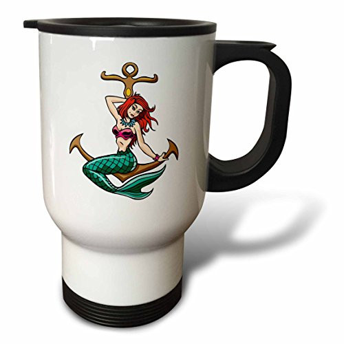 3dRose tm_223233_1 Pretty Tattoo Mermaid Sitting on Anchor Travel Mug, 14 oz, Stainless Steel, White