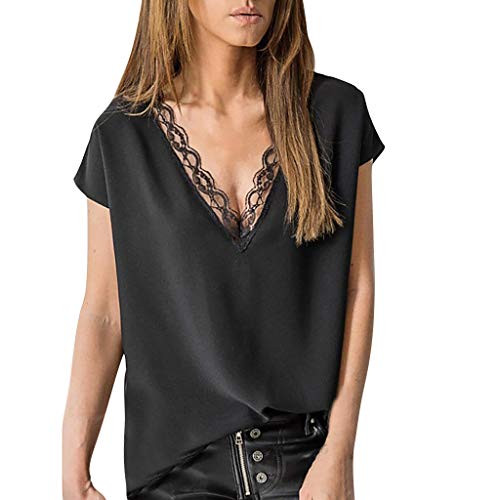 Womens Batwing Short Sleeve v Neck Lace Patchwork Blouse Casual Loose Shirt Tops Summer Elegant Tunics-Black  L-