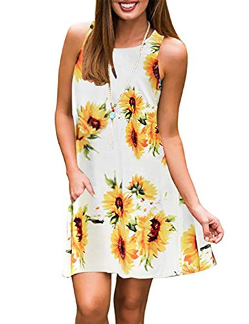 Sun Dress Women Tanst Sky Flowing Short Dresses Casual Knee Length Tunics Cool Flower Printed Cute Clothes Unique Curvy Hem Relaxed Fit Shift Hawaiian Clothing Decent Church Wear Attire Sunflower XXL