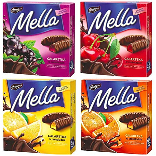 Jutrzenka MELLA Chocolate Coated Jelly Variety Pack of 4 x 6.7 oz. ORANGE LEMON CHERRY and BLACKCURRANT. Product of Poland. Jutrzenka MELLA Chocolate Coated Jelly Variety Pack of 4 x 6.7 oz. ORANGE LEMON CHERRY and BLACKCURRANT. Product of Poland.