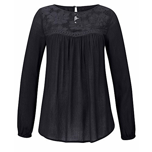 Amober Womens Casual Lace Patchwork Long Sleeve Off Shoulder Tops Chiffon Shirt Black
