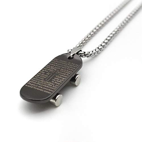 Skateboard Pendant Necklace for Men  Stainless Steel Christian Charms Lord s Prayer Scripture Pendant Necklace  Hip Hop Rapper Chain Necklace  Cross Necklace Bible Verse Jewelry Gift for Men Boys