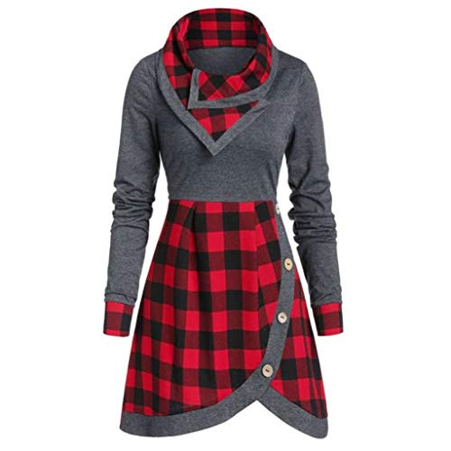Women Plaid Patchwork Pullover Tunic Tops Dress Long Sleeve Turtle Cowl Neck Blouse with Button