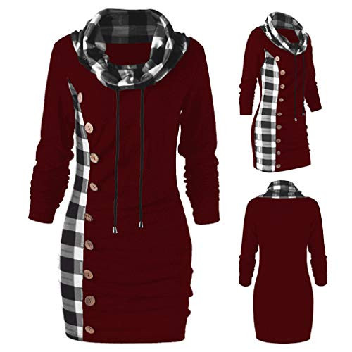 Women Bow-Neck Plaid Patchwork Buttons Sweatshirt Drawstring Long Pullovers Tops