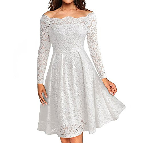 iLUGU Women s Elegant Bridesmaid Dress Floral Lace Dresses Cocktail Formal Swing Dress White