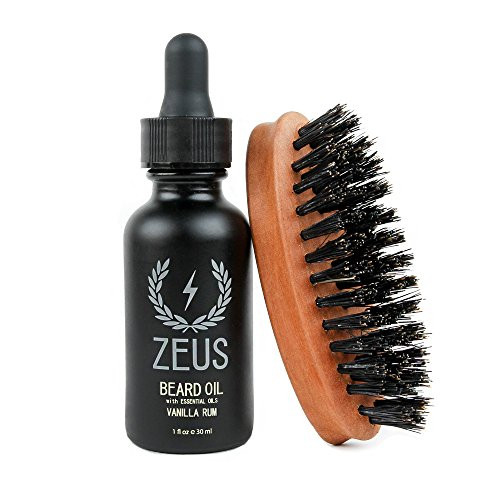 ZEUS Beard Oil Natural Conditioner Softener Kit With 100% Boar Bristle Brush, Vanilla Rum