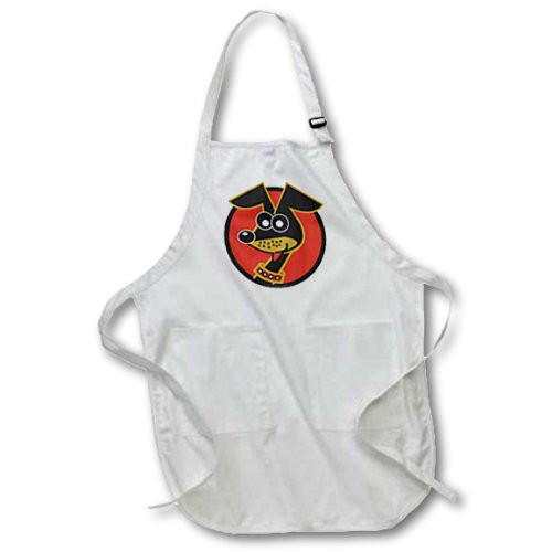 3dRose apr_117477_1 Cute Small Dog Daschund In Red Circle Retro Style Pet Cartoon Full Length Apron with Pockets, 22 by 30-Inch, White