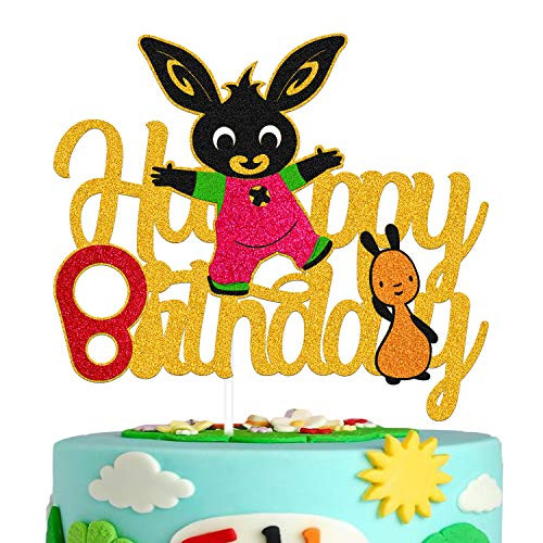 Bunny Birthday Cake Topper for Rabbit Happy Easter Spring Radish Carrot Theme Easter Festival Happy Birthday Party Supplies Gold Black Decorations