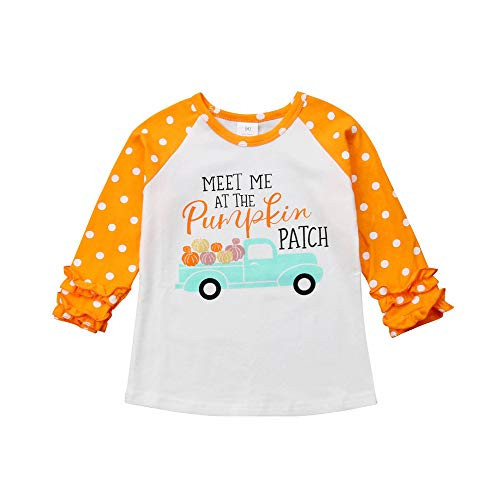 Toddler Baby Girls Halloween Ruffle Long Sleeve Shirt Pumpkin Printed T-Shirt Tops Holiday Clothes Outfit -Pumpkin Patch Orange 6-12 Months-
