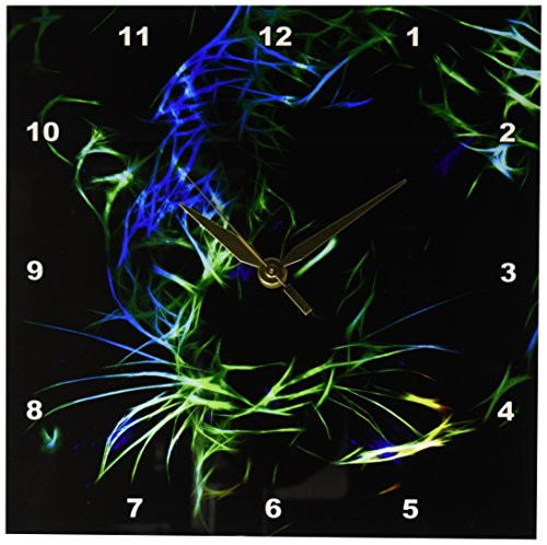 3dRose DPP_201100_1 a Leopard in Blue-Green Neon Fractal Lines on a Black Background Wall Clock, 10 by 10"