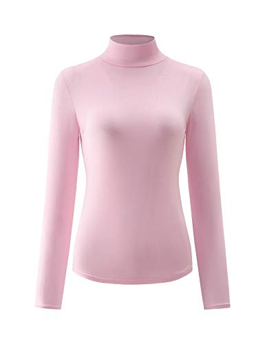 KLOTHO Womens Slim Fitted Mock Turtleneck Tops Long Sleeve Lightweight Base Layer Shirts Pink Medium