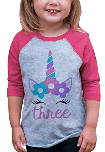 7 ate 9 Apparel Girls Three Birthday Unicorn Raglan Tee Pink 4T