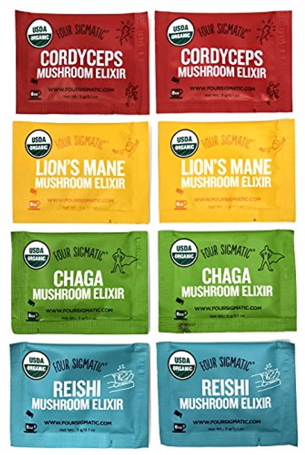 Four Sigmatic Mushroom Elixir Sampler Pack  Lions Mane  Chaga  Reishi  and Cordyceps  8 Count -2 Packets of Each Mix  USDA Organic  Vegan  Paleo