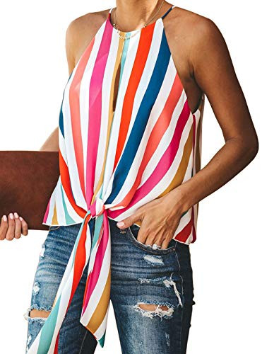 Topstype Women s Summer Sleeveless Crew Neck Tank Tops Camis Front Tie Knot Casual Shirt Keyhole Front Blouse-X-Large White Stripe-