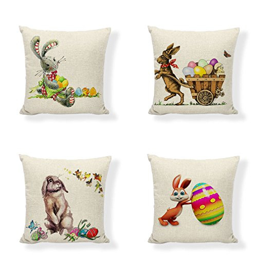 PSDWETS Easter Rabbit with Eggs Home Decor Pillow Covers Set of 4 Cotton Linen Cute Bunny Throw Pillow Case Cushion Cover 18 X 18 PSDWETS Easter Rabbit with Eggs Home Decor Pillow Covers Set of 4 Cotton Linen Cute Bunny Throw Pillow Case Cushion Cover 18 X 18