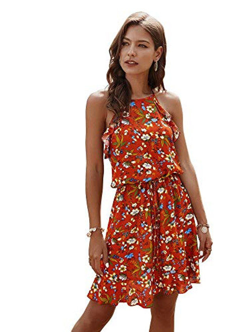 Women s Halter Neck Floral Print Dresses Ruffle Hem Sleeveless Summer Swing Beach Dress -Red M-