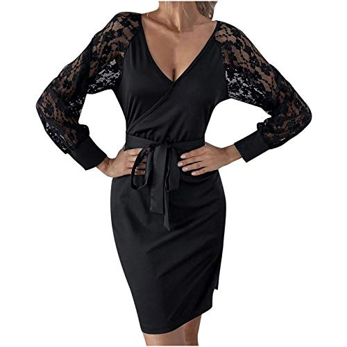 Dress for Women  Floral Lace Mesh Patchwork Long Sleeve Casual V Neck Slim Waist Belt Tie Pencil Dresses Black Dress for Women  Floral Lace Mesh Patchwork Long Sleeve Casual V Neck Slim Waist Belt Tie Pencil Dresses Black