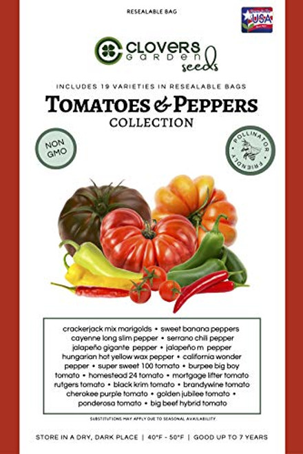 Clovers Garden Tomatoes and Peppers Seed Kit  19 Varieties  100 percent  Non GMO Open Pollinated Heirloom Seed Vault for Planting  USA Grown and Hand Packed Vegetable Seeds for Home or Survival Garden