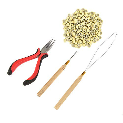 Hair Extension Tools Kit  Pliers - Pulling Hook - Bead Device Tool Kits with 200 Pieces 5mm Silicone Lined Micro Rings -200Pcs  Blonde Beads-