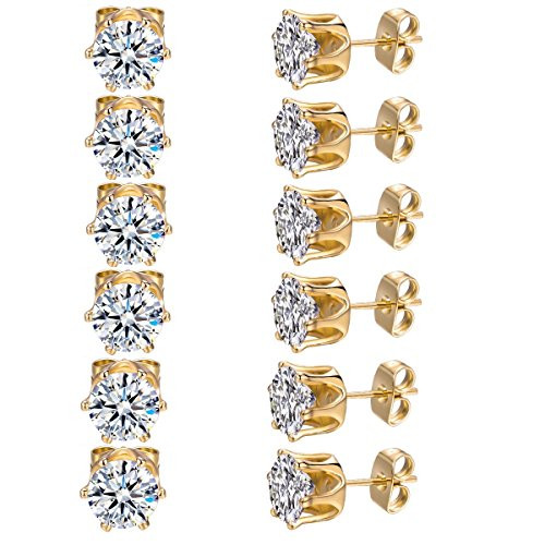 MDFUN 6 Pairs 3mm 18K Yellow Gold Plated Round Cubic Zirconia Stud Earring Pack of 6